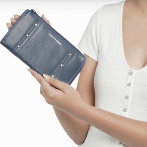 NWT Union Code Navy Genuine Leather RFID Wallet With Silver Studs